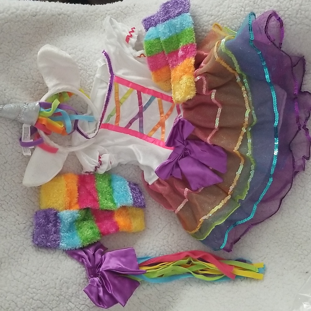 Girls Rainbow Unicorn Costume Dress Ears Horn Wristbands Legwarmers & Tail NWT S